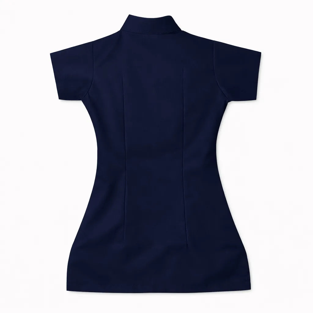 Casaca AK'AB azul marino vista posterior, uniforme de enfermería mujer espalda completa manga corta azul marino