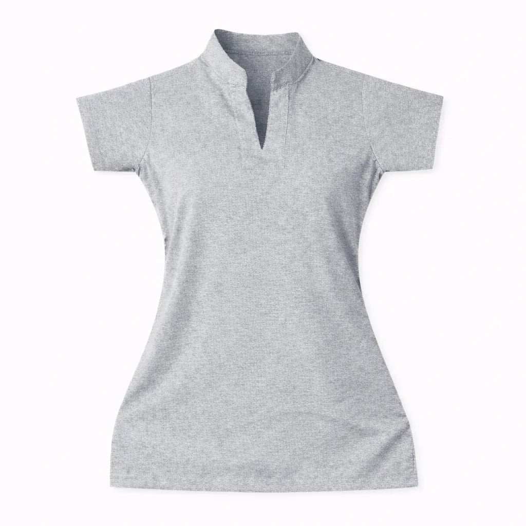 Casaca AK'AB gris jaspeado vista frontal, uniforme clínico mujer cuello mao manga corta, ropa médica gris