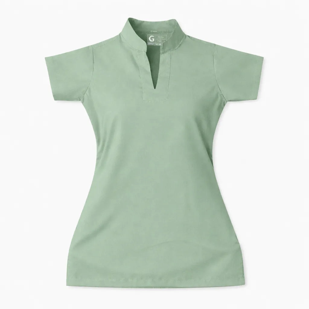 Casaca AK'AB menta vista posterior, uniforme de enfermería mujer espalda completa manga corta menta