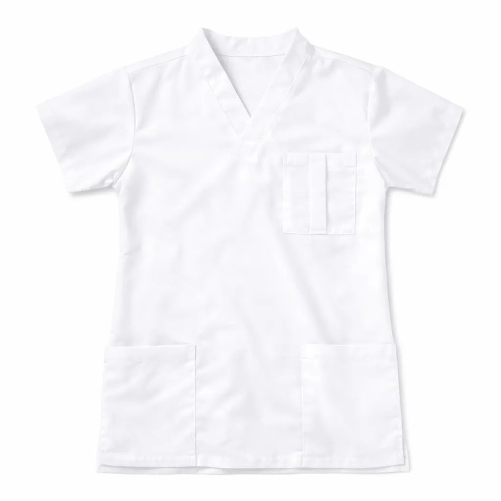 Casaca K'IIN blanca vista frontal, uniforme clínico hombre cuello en V manga corta bolsillo, ropa médica blanca