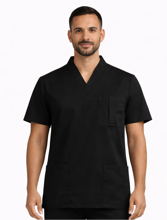 Casaca médica K'IIN color negro, modelo masculino con uniforme de enfermería cuello en V manga corta bolsillo pecho