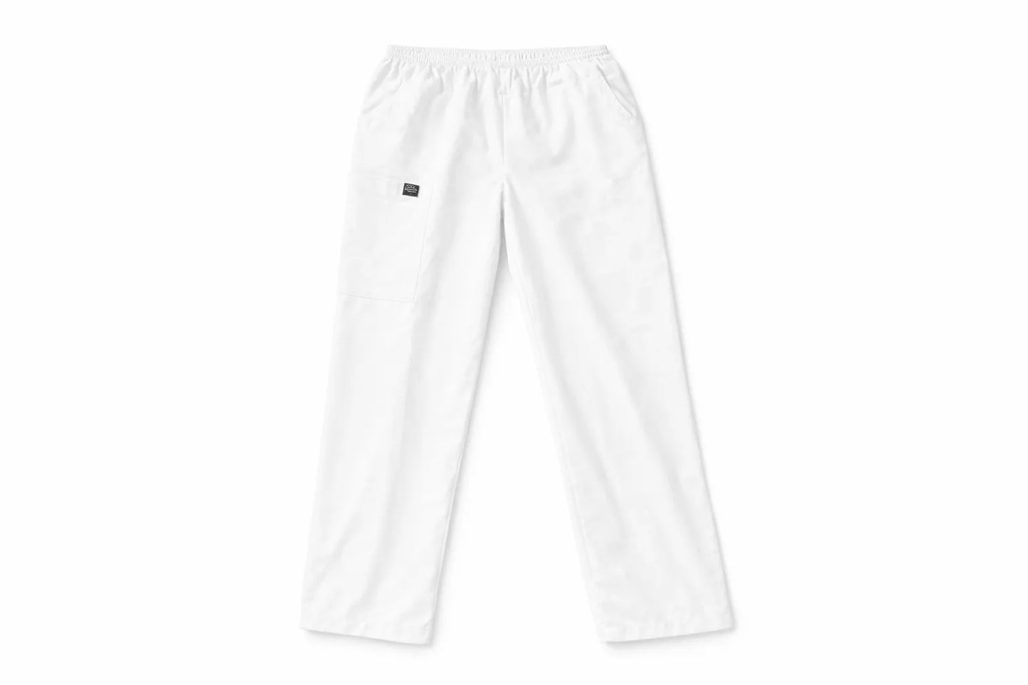 Pantalón TS'IIK blanco vista frontal, uniforme médico unisex corte recto con bolsillos laterales, pantalón clínico blanco