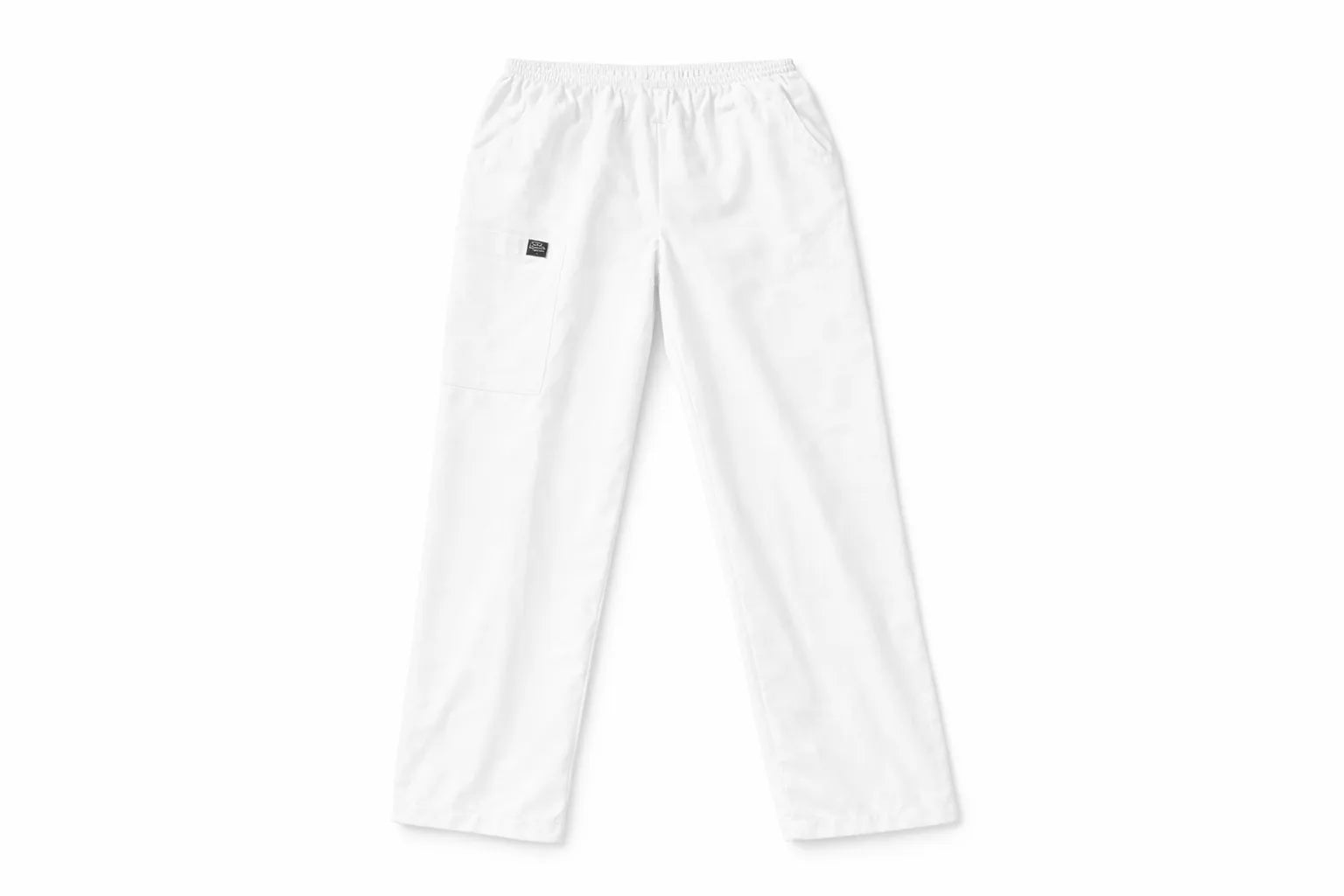 Pantalón TS'IIK blanco vista frontal, uniforme médico unisex corte recto con bolsillos laterales, pantalón clínico blanco