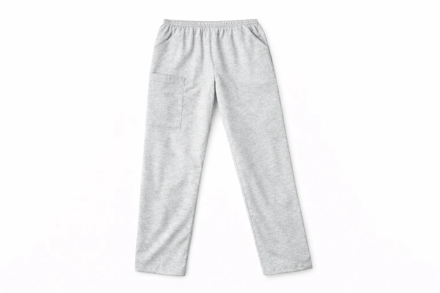 Pantalón TS'IIK gris jaspeado vista frontal, uniforme médico unisex corte recto con bolsillos laterales, pantalón clínico gris jaspeado