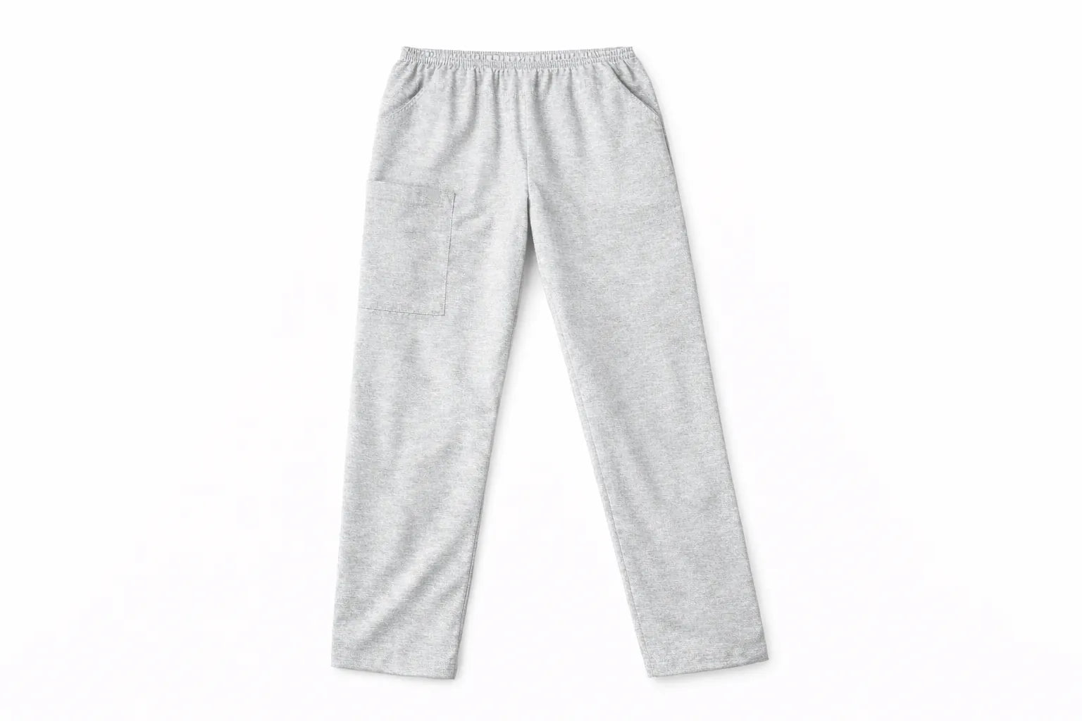Pantalón TS'IIK gris jaspeado vista frontal, uniforme médico unisex corte recto con bolsillos laterales, pantalón clínico gris jaspeado