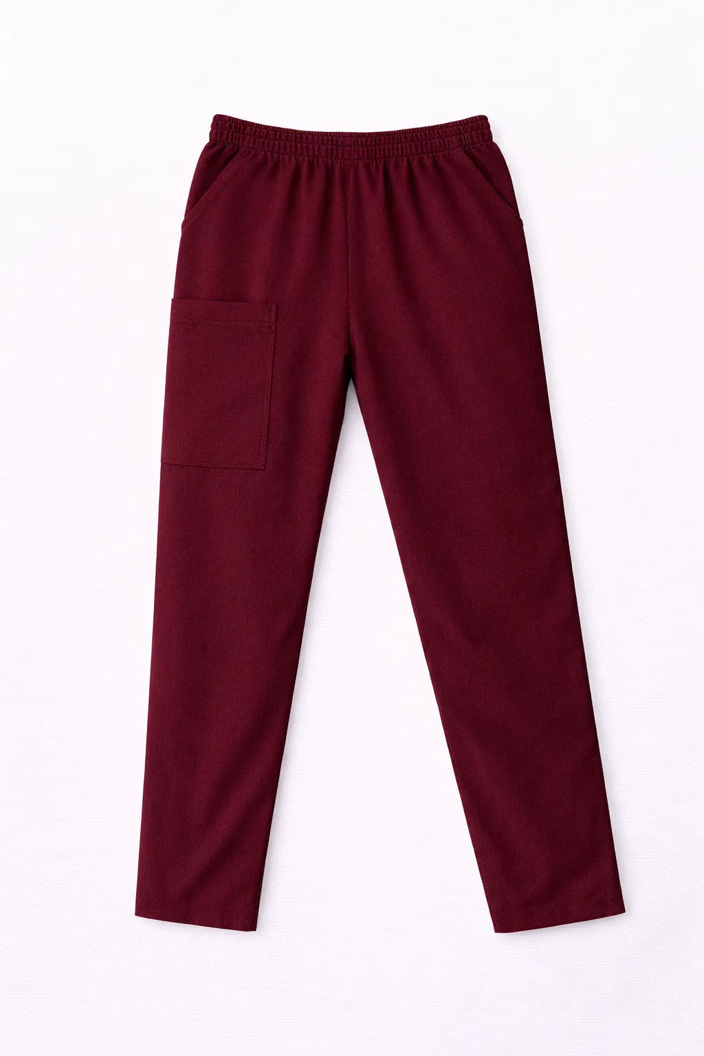 Pantalón TS'IIK guinda vista frontal, uniforme médico unisex corte recto con bolsillos laterales, pantalón clínico color guinda
