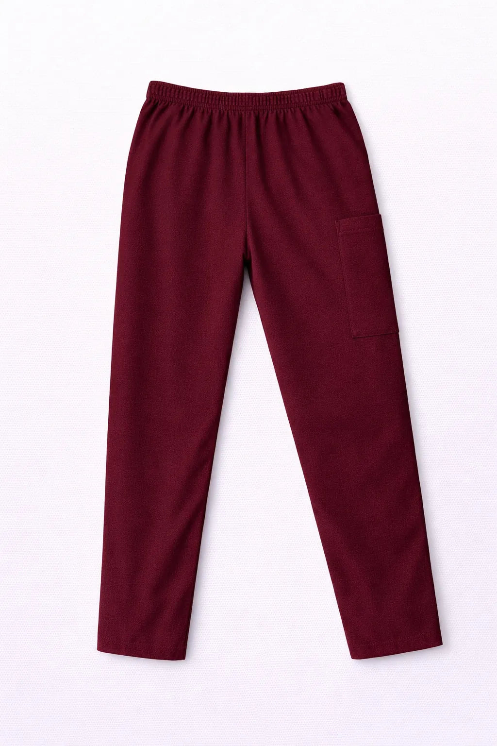 Pantalón TS'IIK guinda vista posterior, uniforme de enfermería unisex espalda completa corte recto guinda